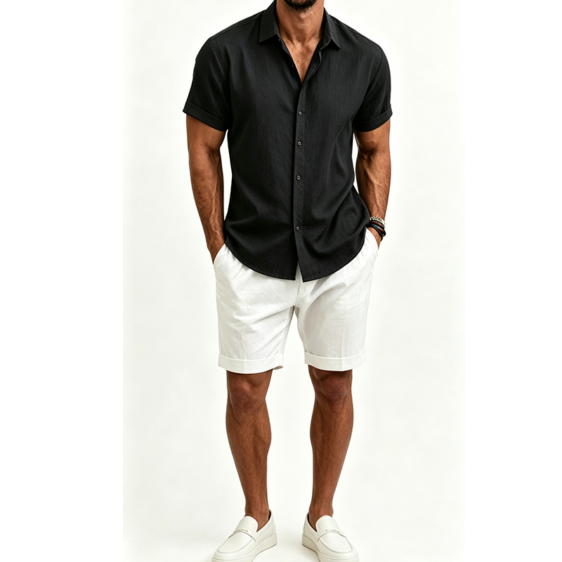 Men's  Cotton Linen Shirt Set  - Short Linen Drawstring recension och pris