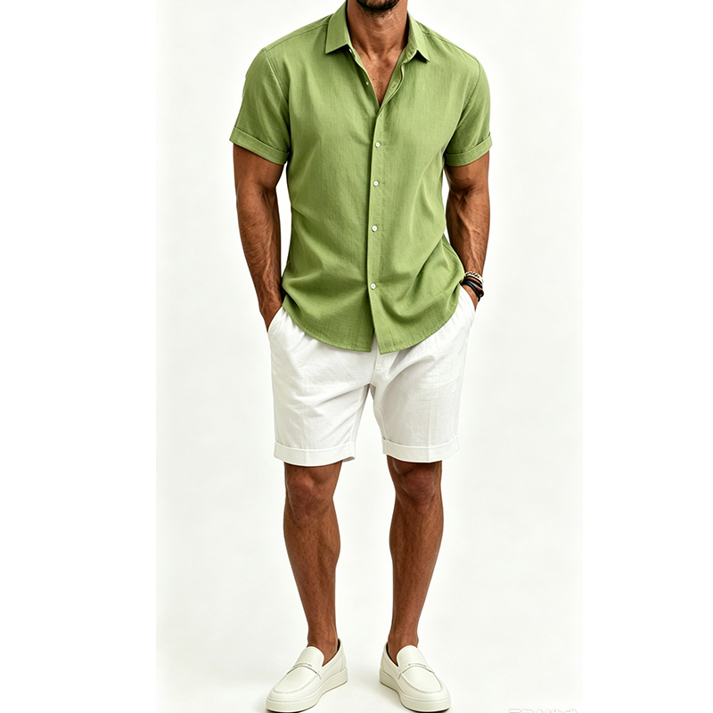 Men's  Cotton Linen Shirt Set  - Short Linen Drawstring recension och pris